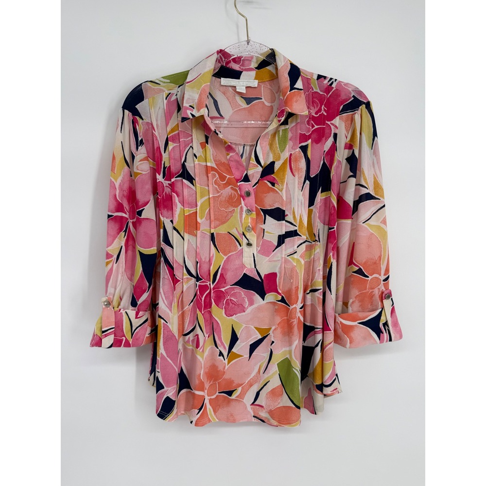 Juniper + Lime Women Pink Floral Pintuck 3/4 Sleeve Blouse PL Petite Sz L